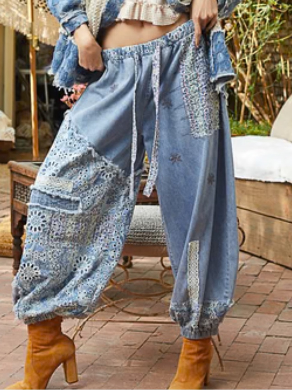 June Adel Patchwork Denim Harem Pants - Light Blue